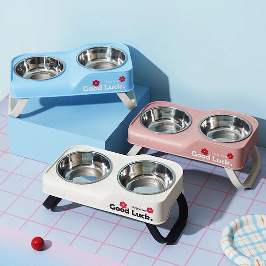 Elevated Double Bowl Pet Feeder — Stainless Steel, Non-Slip & Foldable